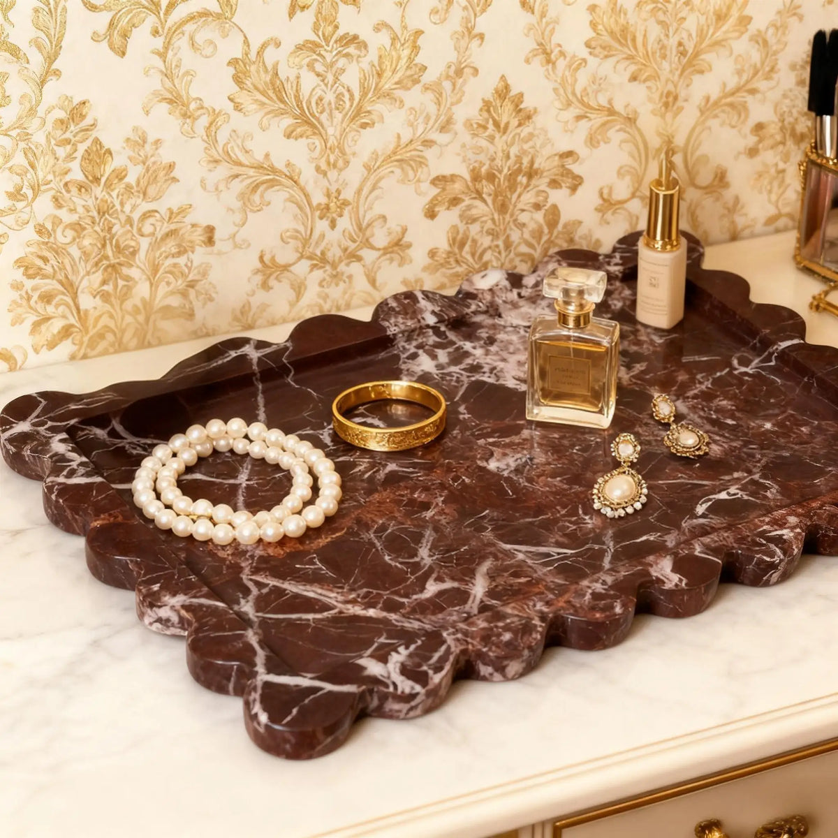 Rosso Scalloped Rosa Levanto Marble Tray
