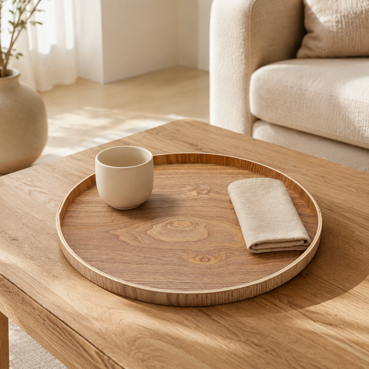Arden Round Wooden Serving Tray in natural wood with a shallow raised rim
