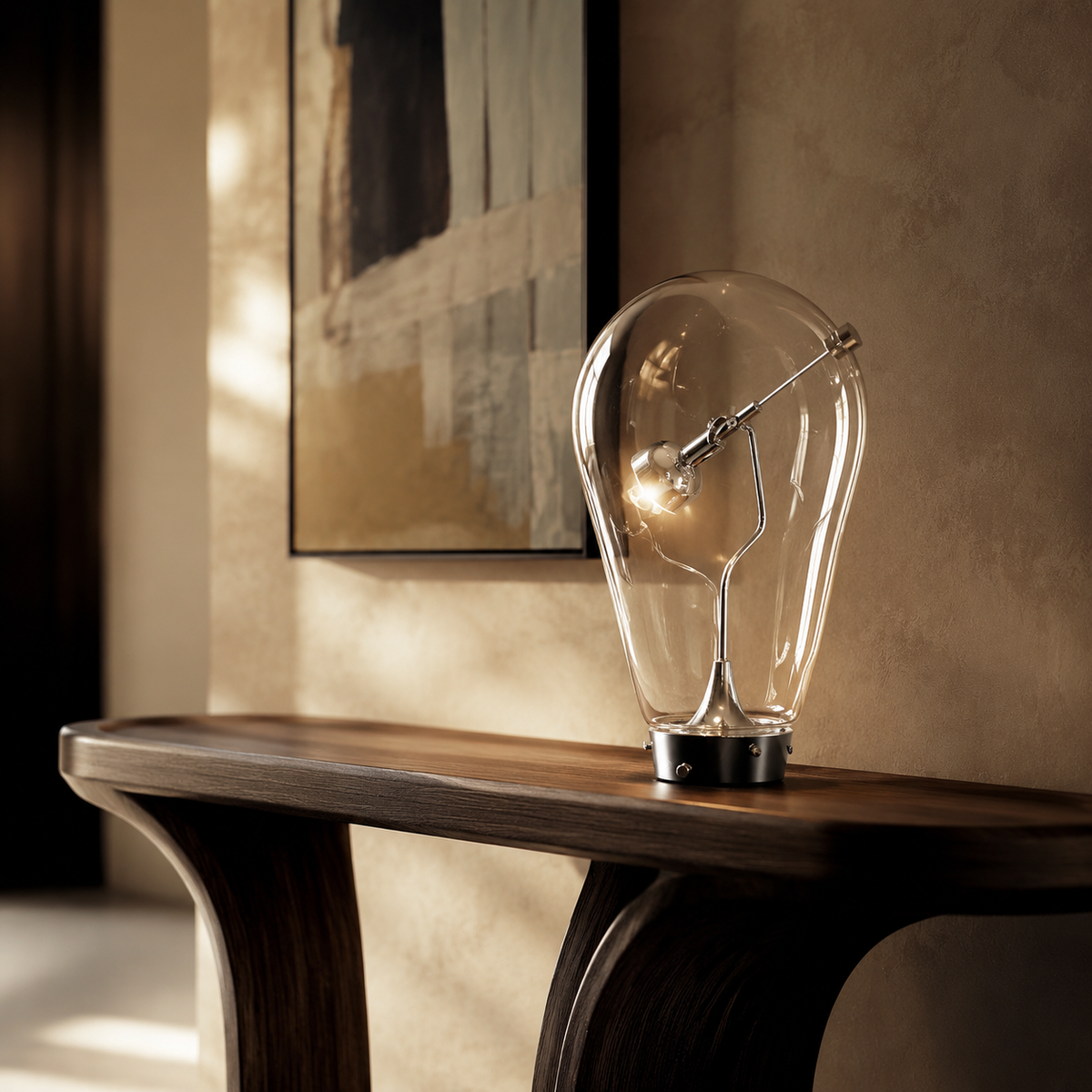 Aurelia Glass Table Lamp on a dark wood console