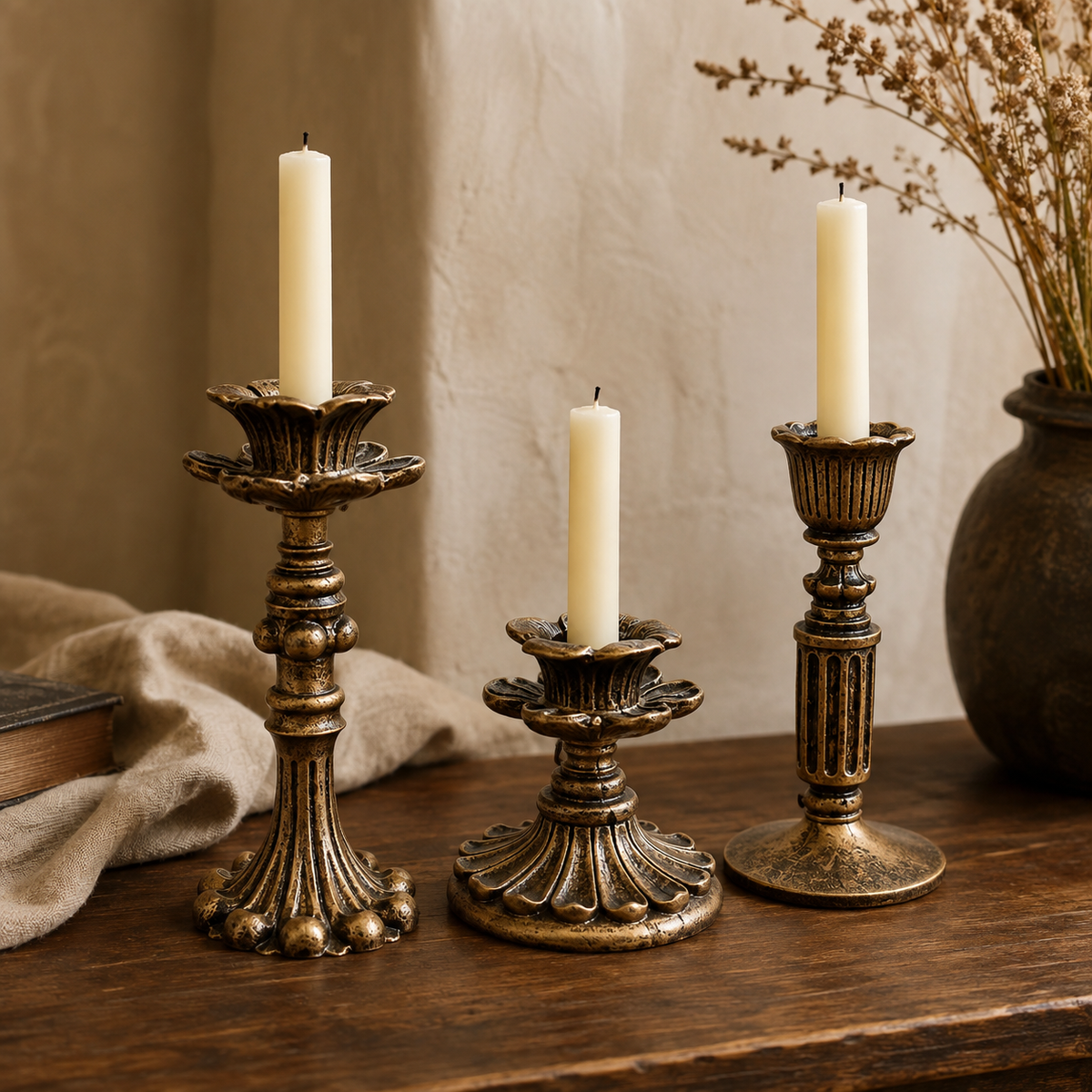 Briar Bronze-Finish Taper Holders showing the three exact supplier candleholder styles