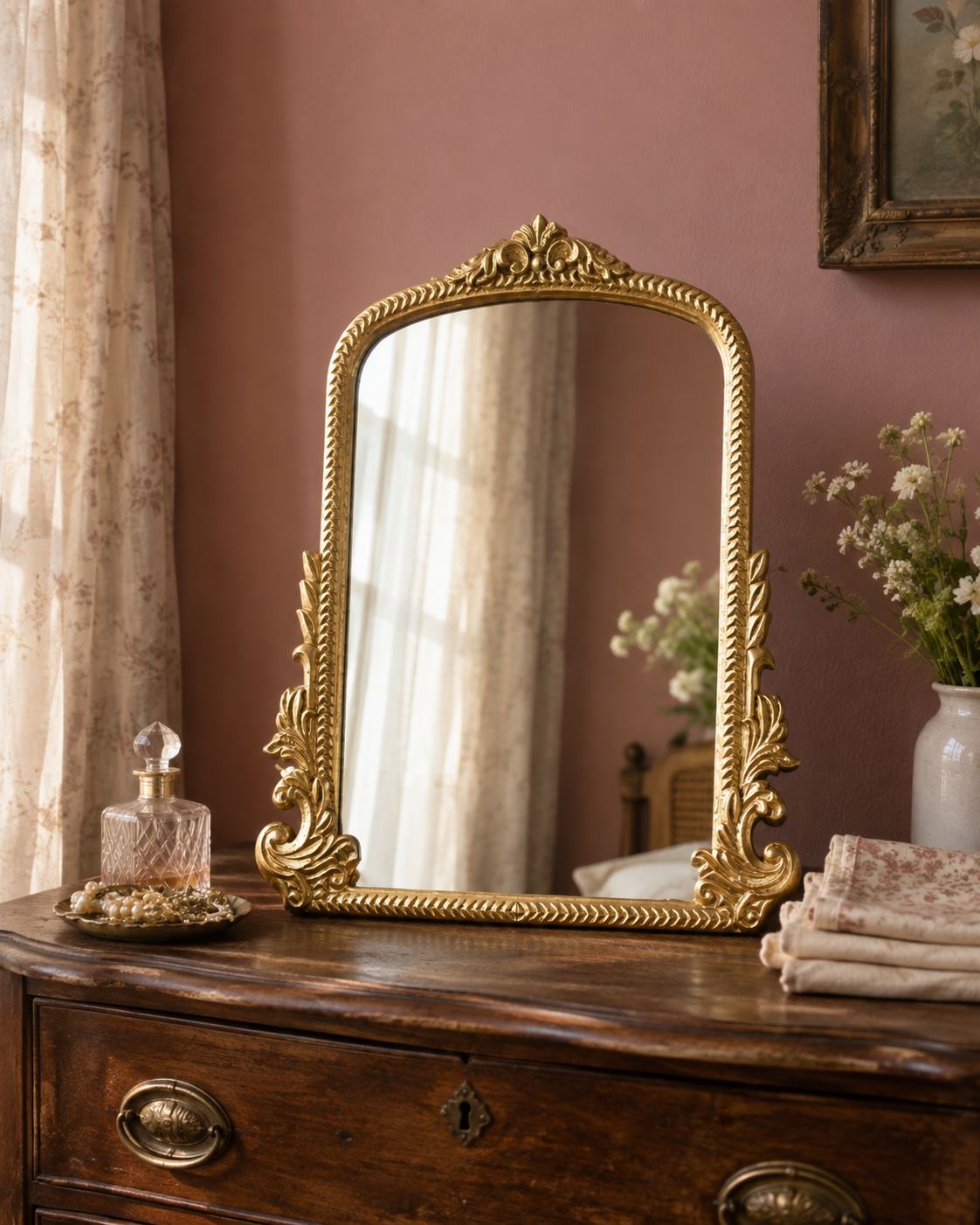Camille Arched Vintage Mirror on a walnut bedroom dresser