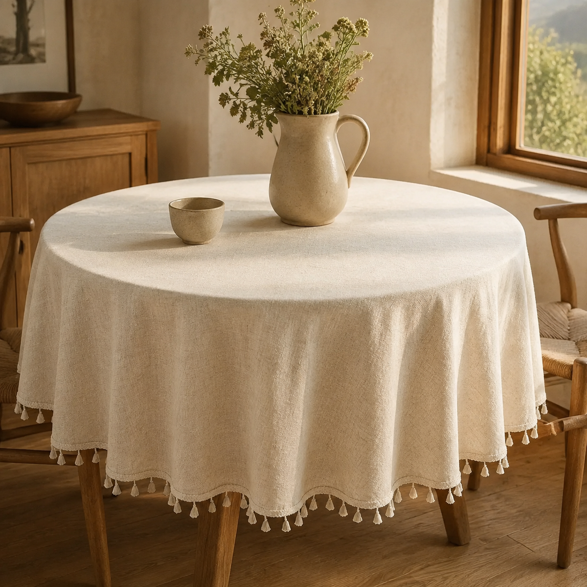 Celia Ruffled Linen-Blend Tablecloth styled with its exact supplier fabric, pattern, and trim