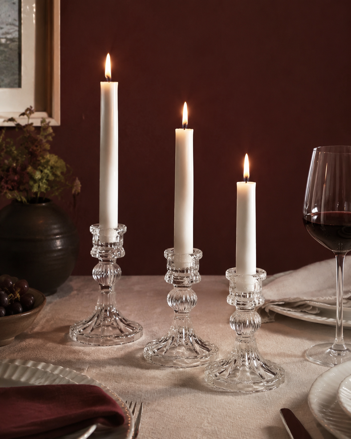 Clara Glass Candleholder Trio styled in a warm Vale & Lume interior