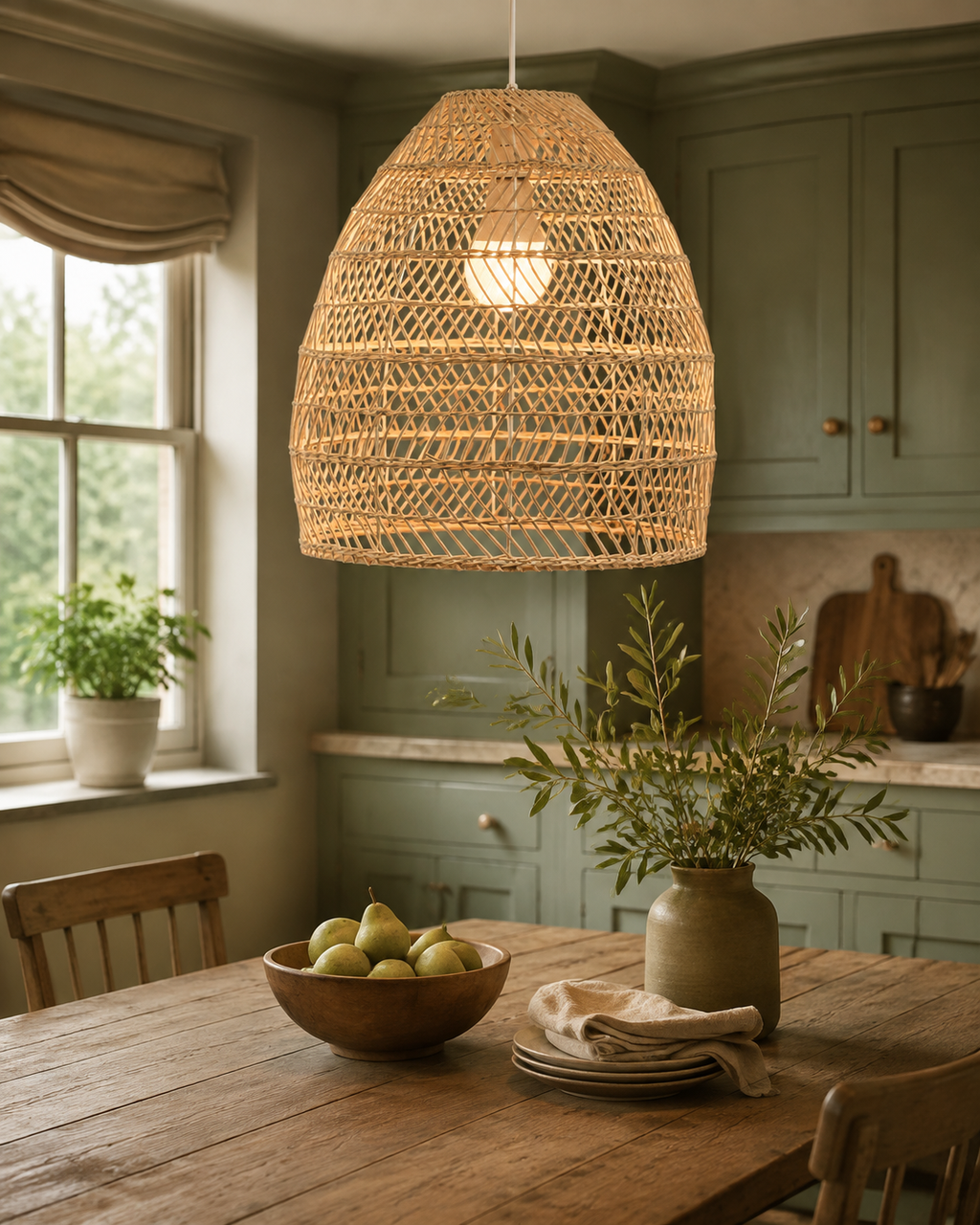 Cleo Handwoven Rattan Dome Pendant styled in a warm Vale & Lume interior