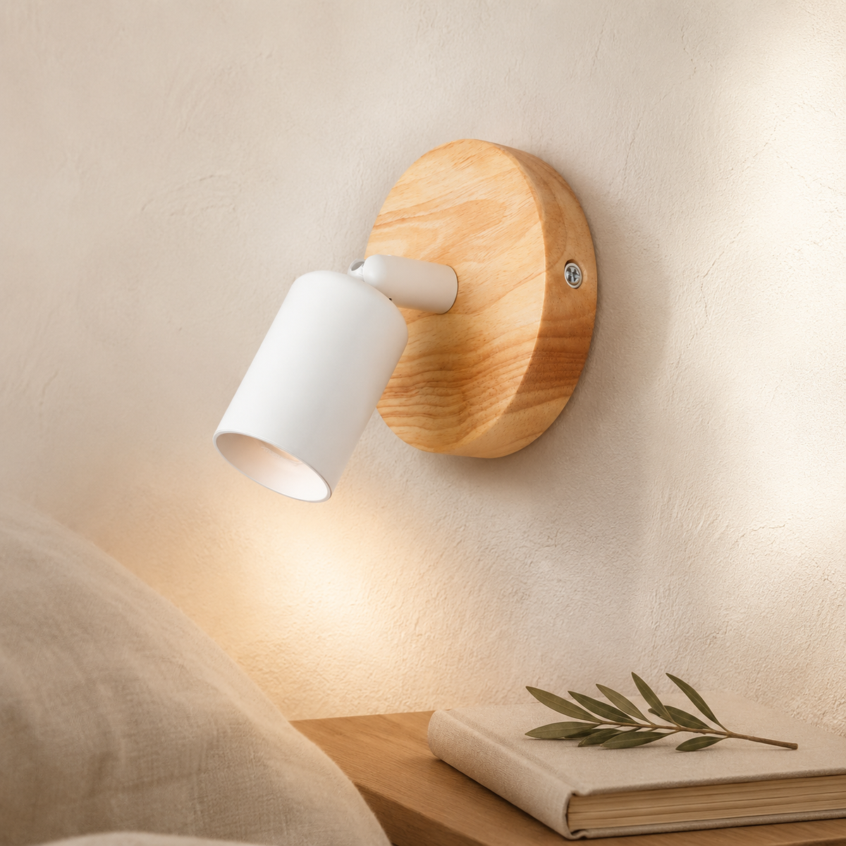 Dorian Vintage Wall Sconce with round natural wood mounting plate and adjustable white spotlight