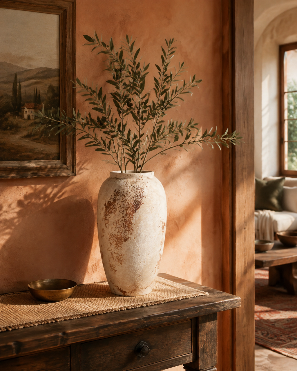 Elara Weathered Ceramic Vase in a warm terracotta entryway