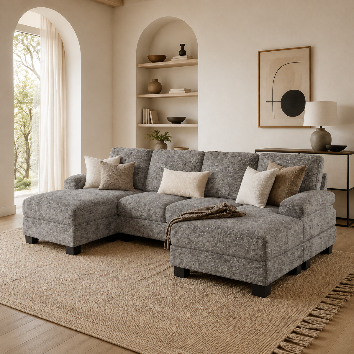 Ellery gray sectional sofa in a warm Vale & Lume living room