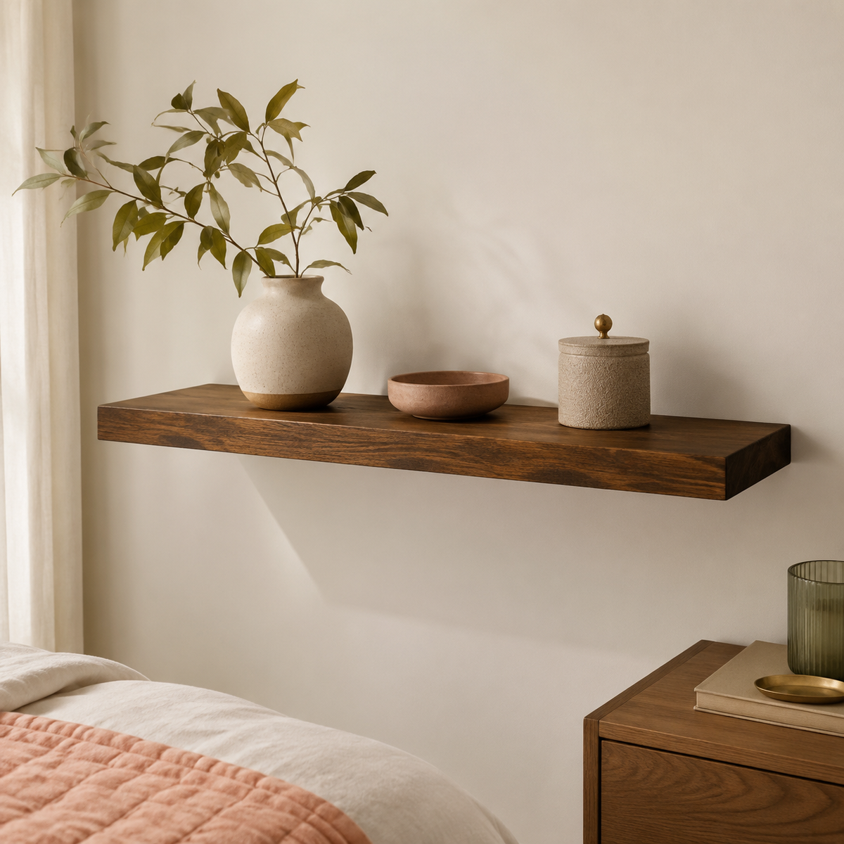 Ellis Solid-Wood Display Shelf accurately represented in a cozy Vale & Lume interior