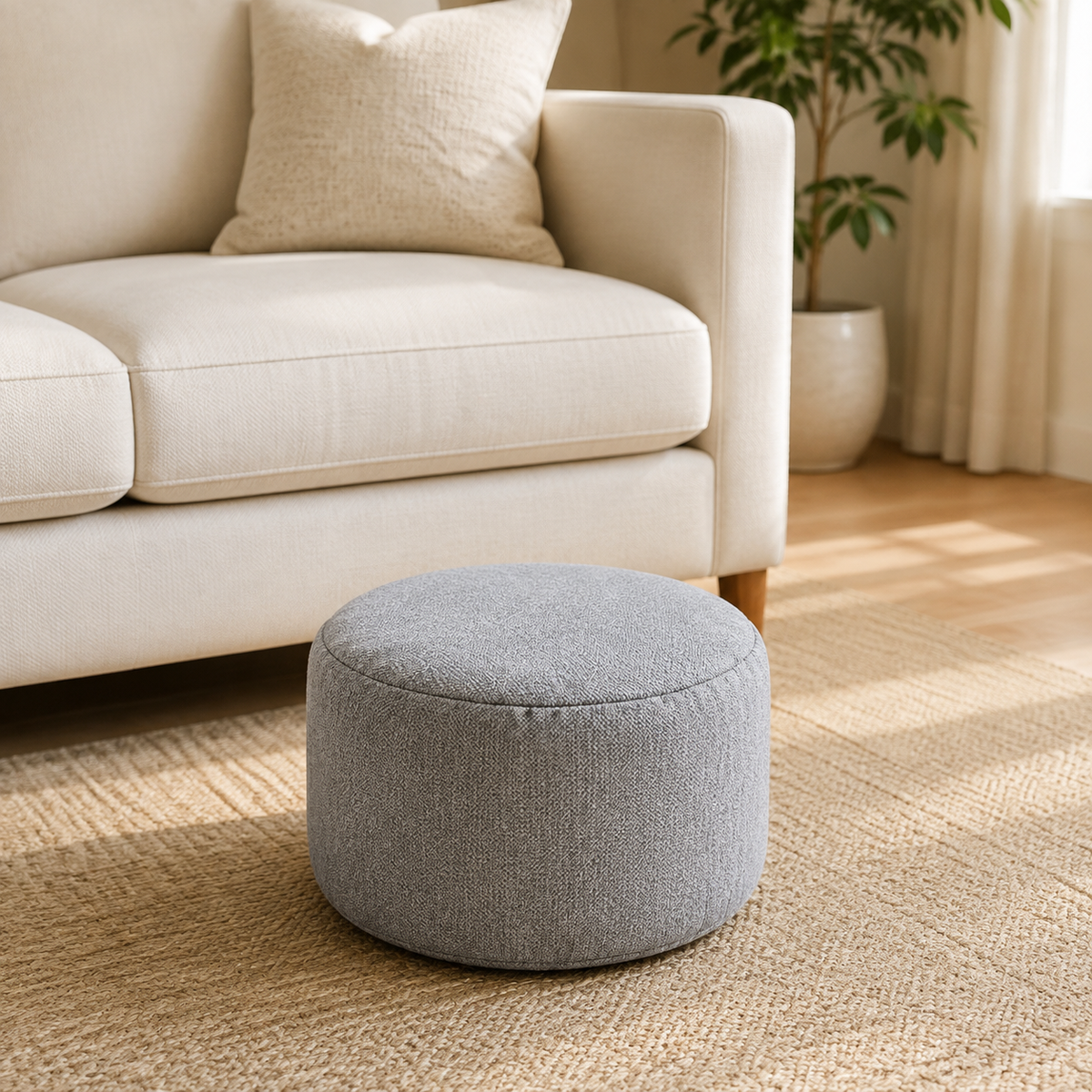 Pippa upholstered linen footrest, 30 cm diameter and 20 cm high