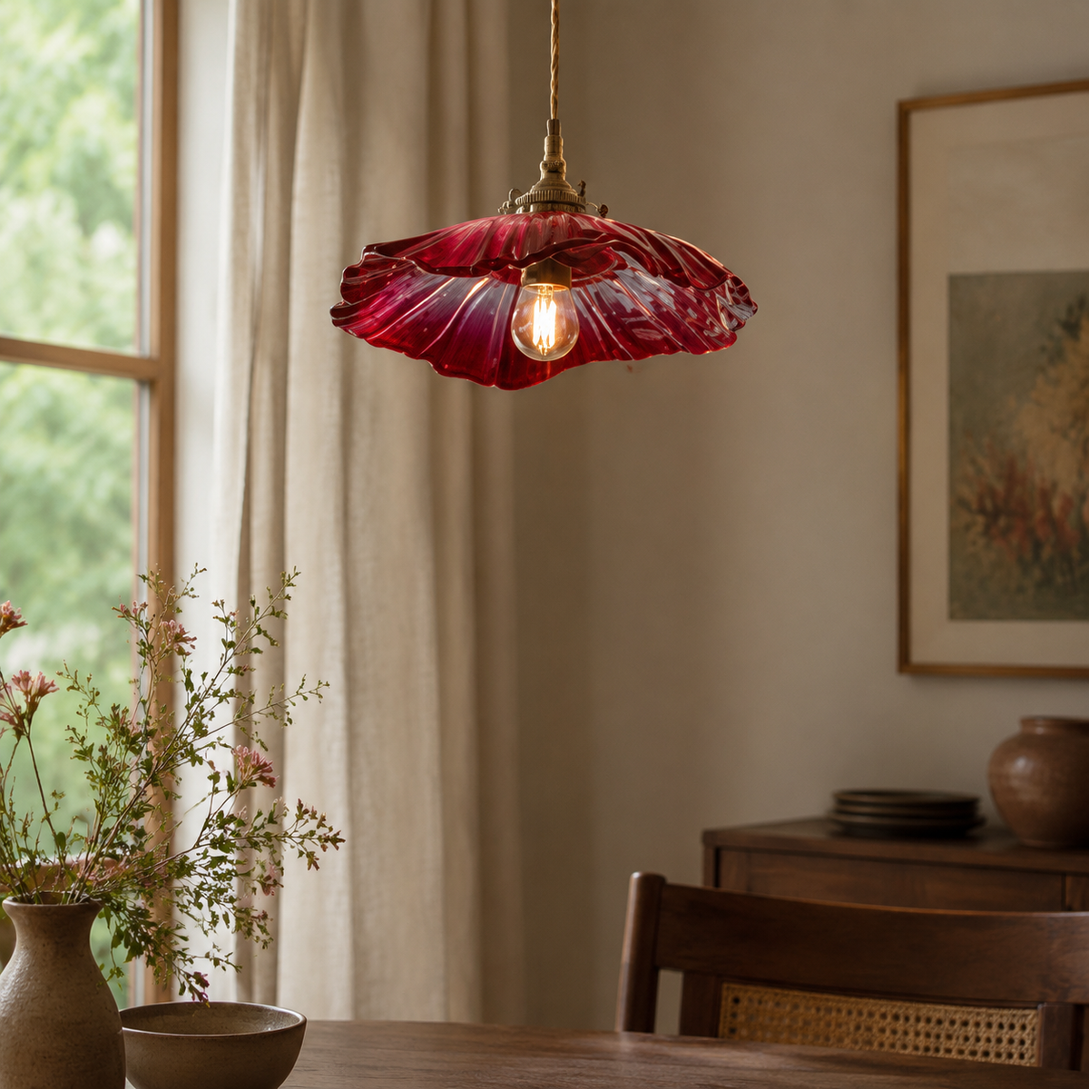 Flora Amber Glass Flower Pendant accurately represented in a cozy Vale & Lume interior
