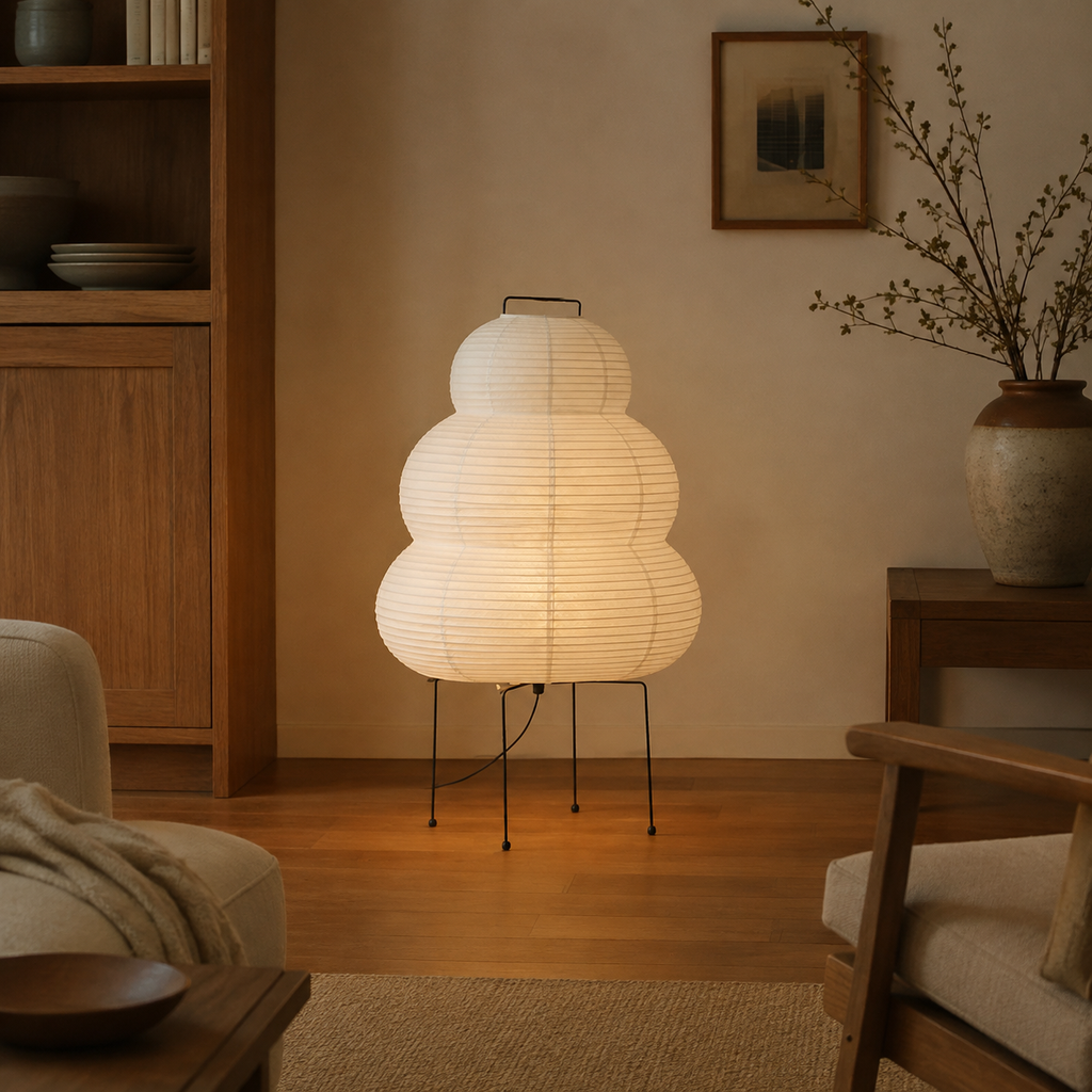Hana Rice Paper Table Lamp accurately represented in a cozy Vale & Lume interior
