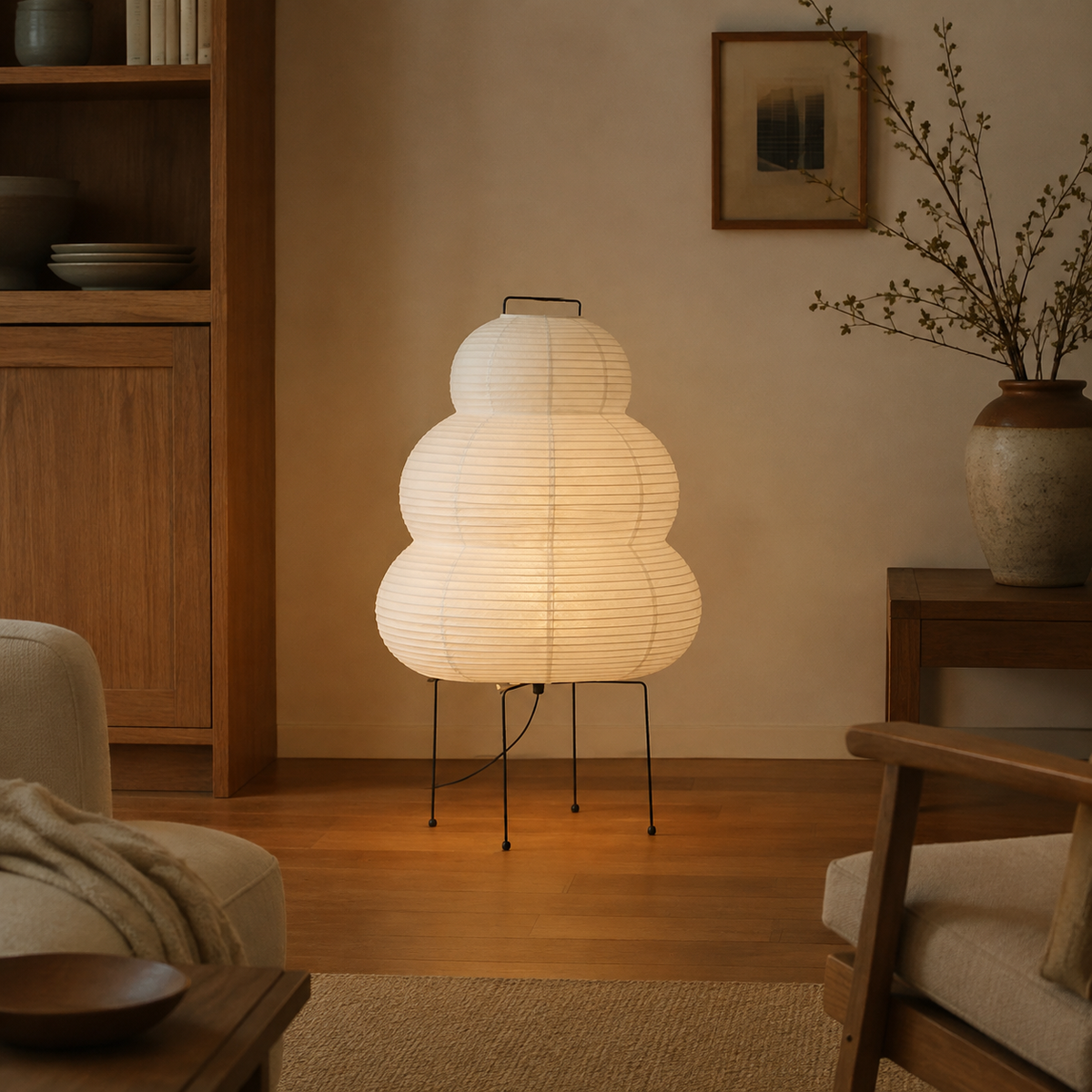 Hana Rice Paper Table Lamp accurately represented in a cozy Vale & Lume interior