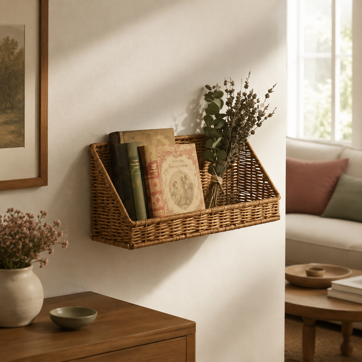 Harlow Woven Wall Basket accurately represented in a cozy Vale & Lume interior