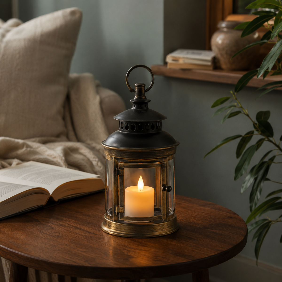 Hearth Vintage Candle Lantern styled in a cozy Vale & Lume interior