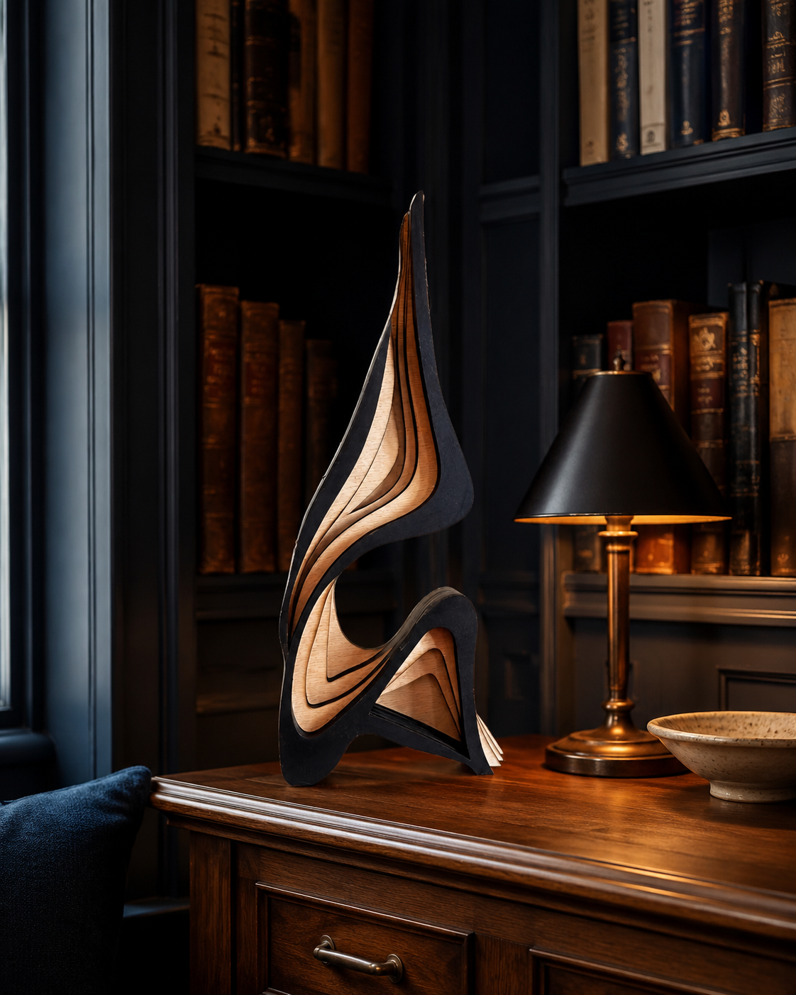 Linden Abstract Wood Sculpture in a moody navy home library