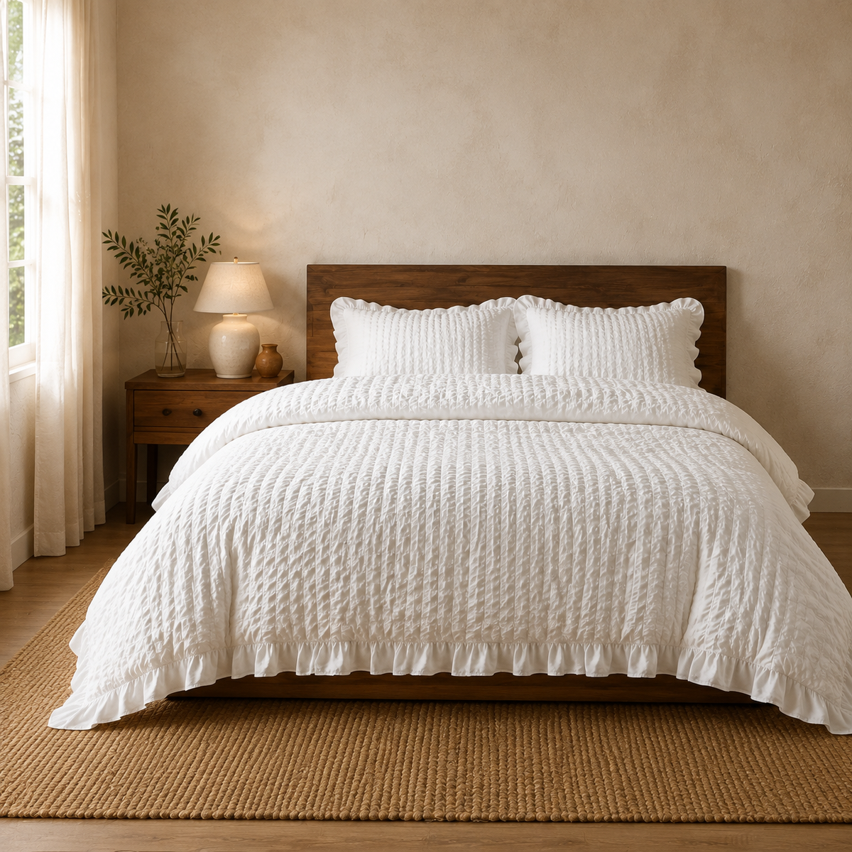 Liora Ruffled Seersucker Duvet Set in White styled in a warm bedroom