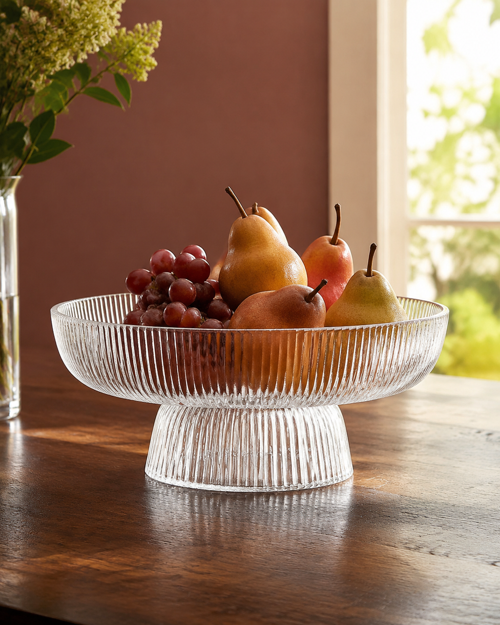 Lucia Ribbed Glass Pedestal Bowl styled in a warm Vale & Lume interior