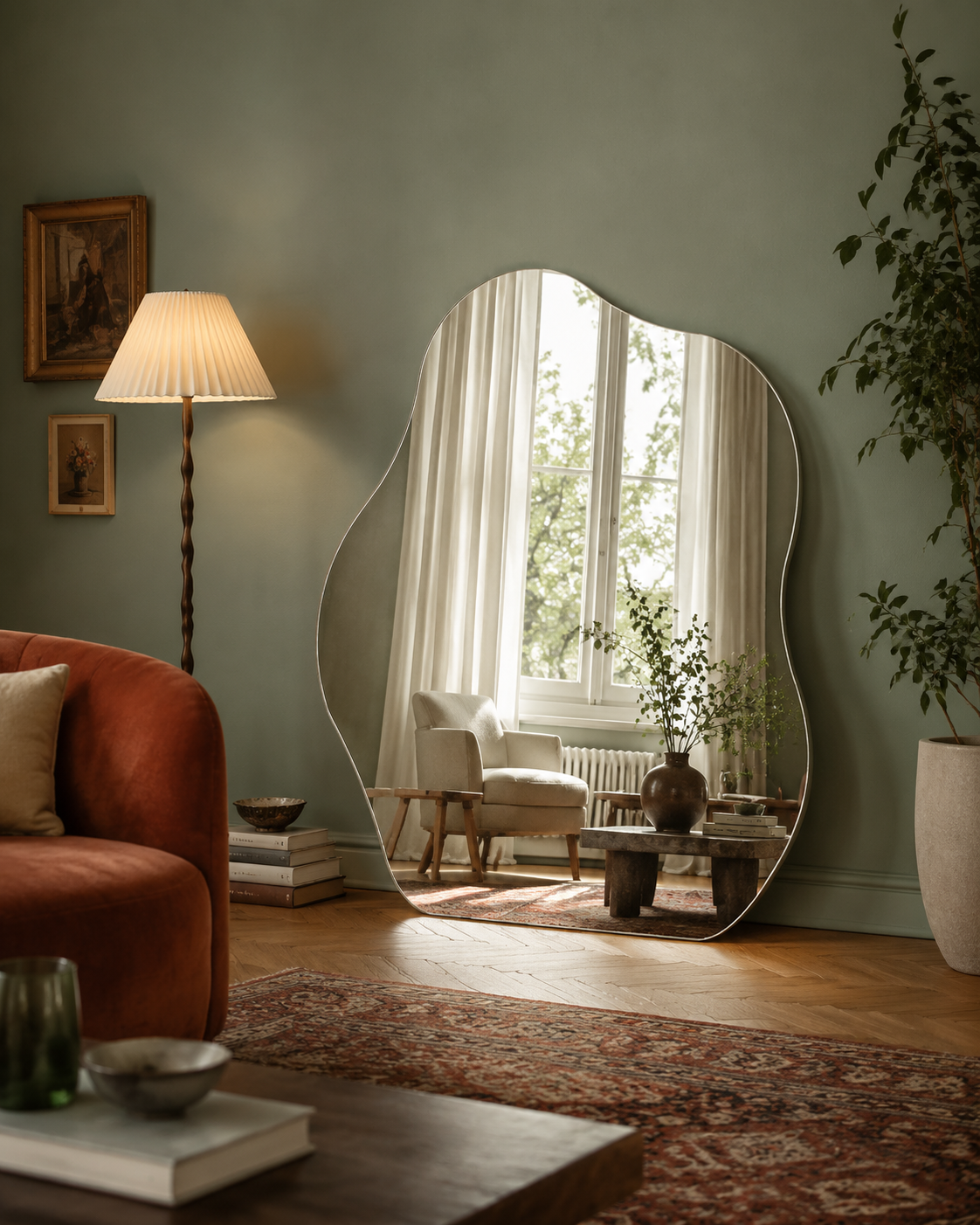 Mira Organic Wall Mirror in a cozy sage and rust living room