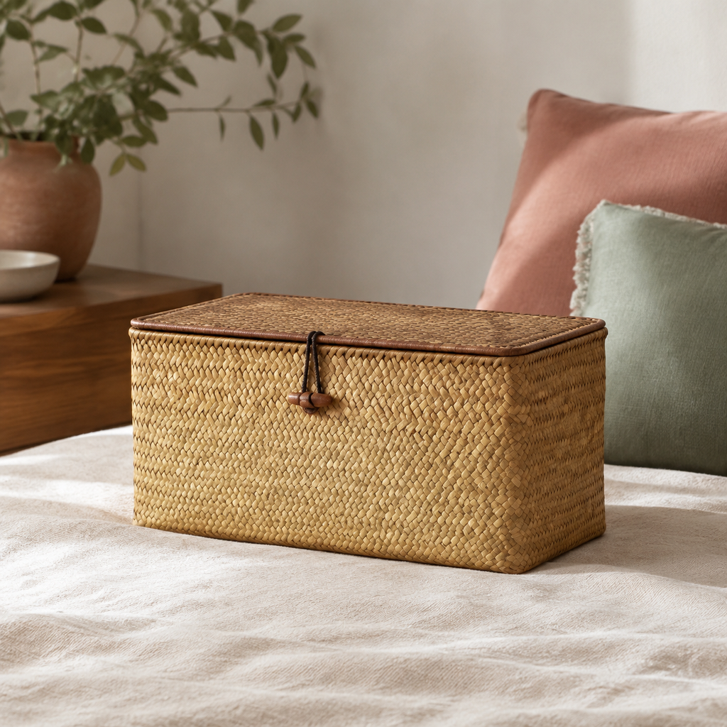 Nell Lidded Woven Storage Basket accurately represented in a cozy Vale & Lume interior