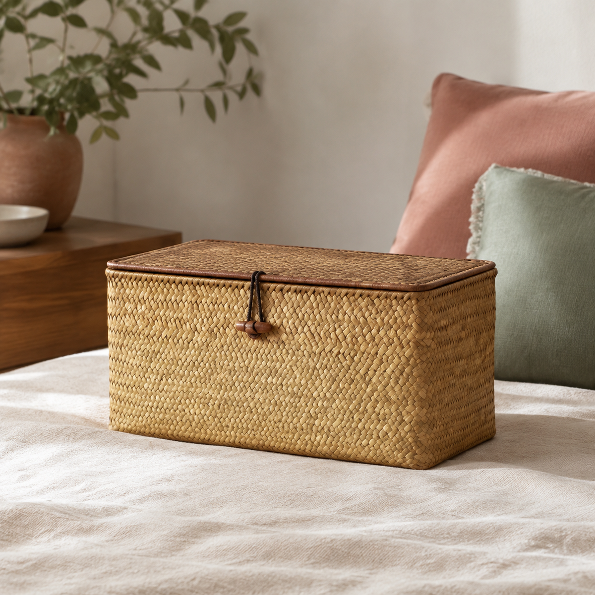 Nell Lidded Woven Storage Basket accurately represented in a cozy Vale & Lume interior