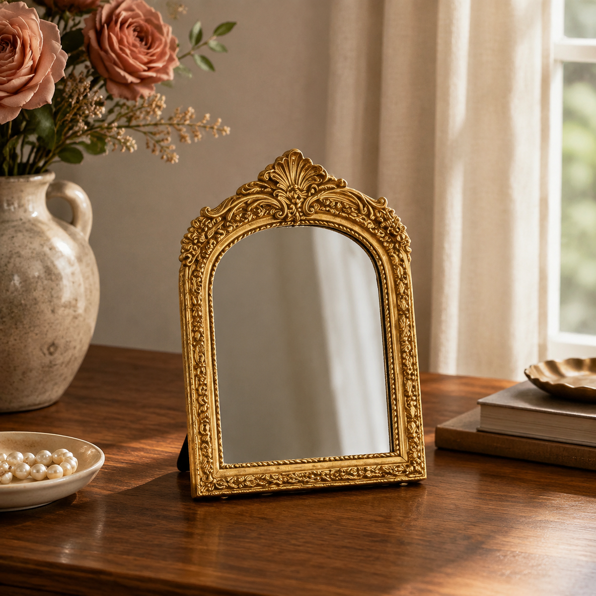 Odessa Carved Vanity Mirror accurately represented in a cozy Vale & Lume interior