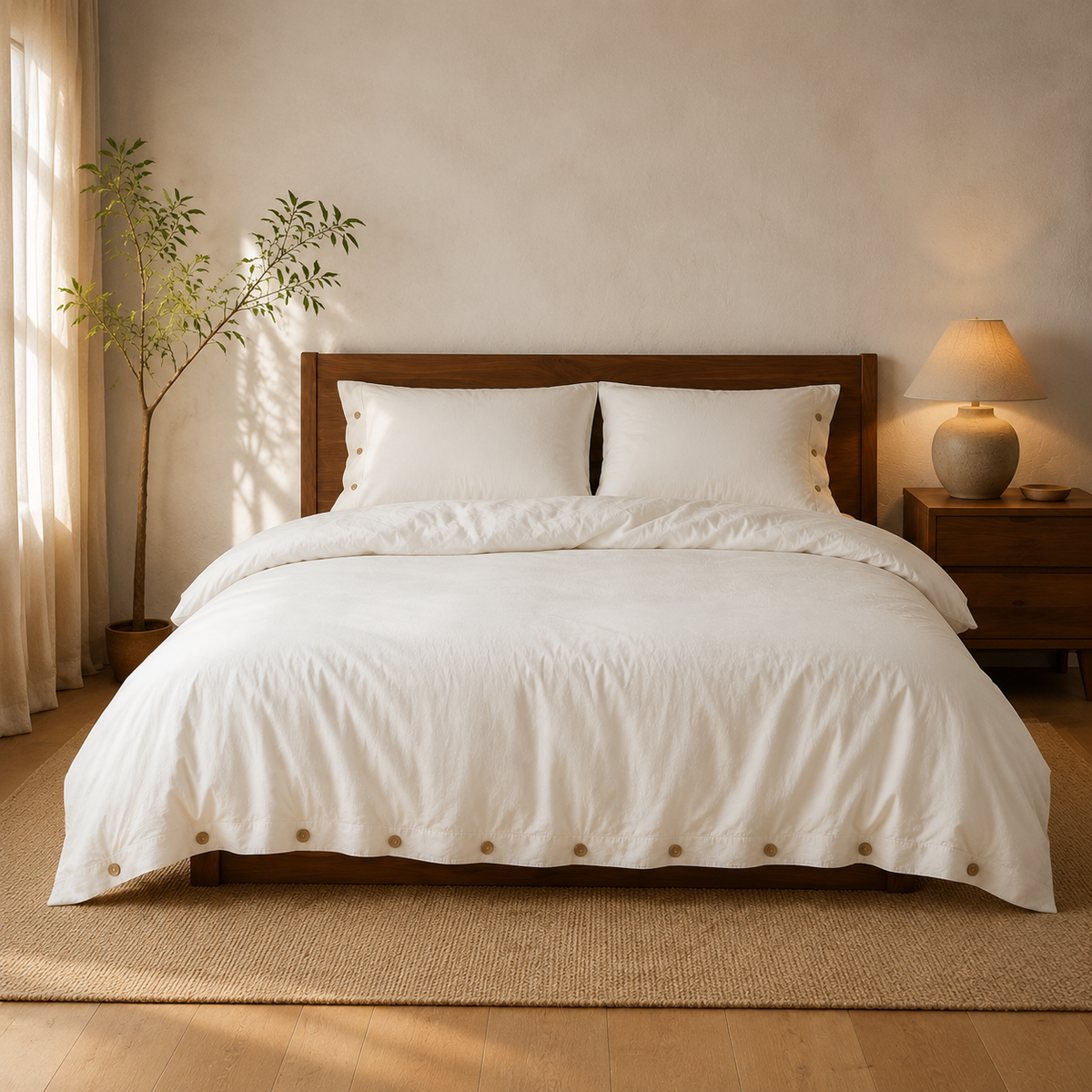 Oona Washed Cotton Button Duvet Set in White styled on a walnut bed