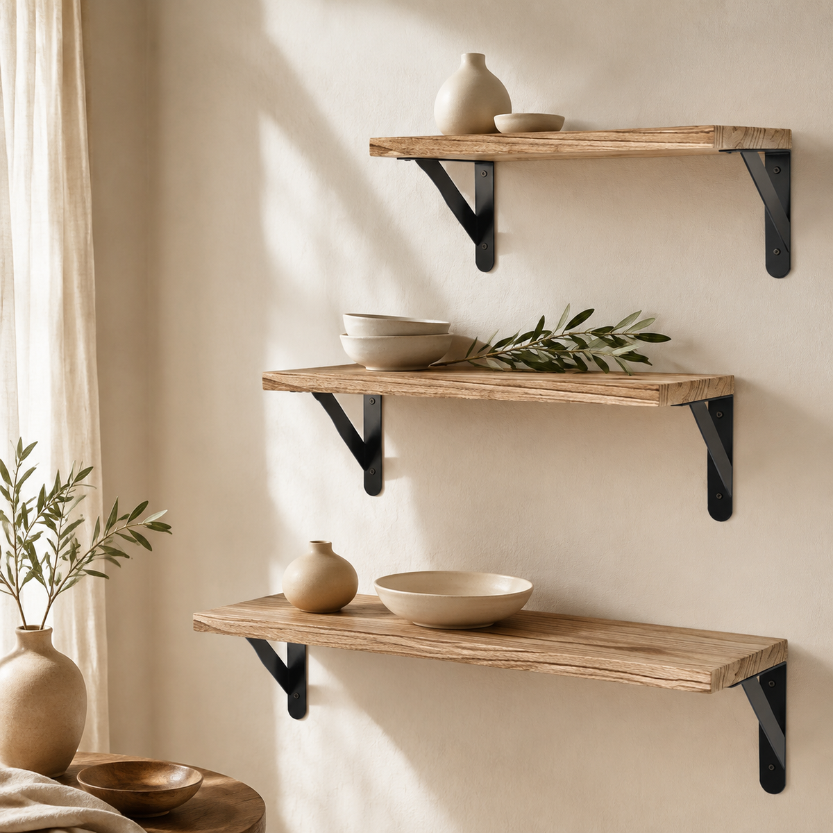 Perry natural wood floating shelves with matching black triangular metal brackets in a warm Vale & Lume interior
