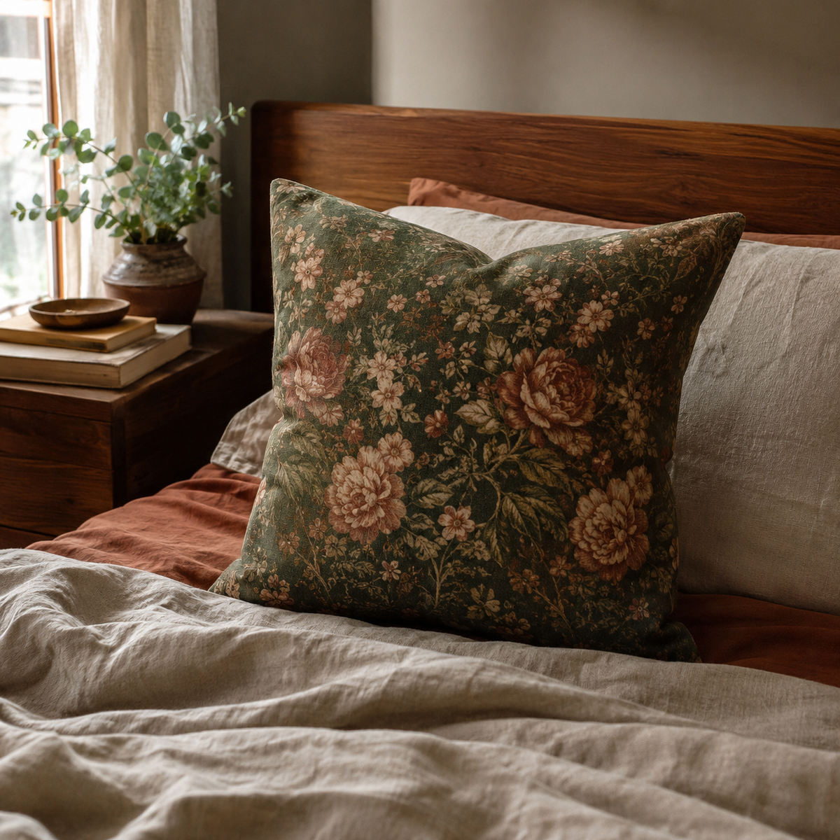 Posy Vintage Floral Cushion Cover in a cozy Vale & Lume interior