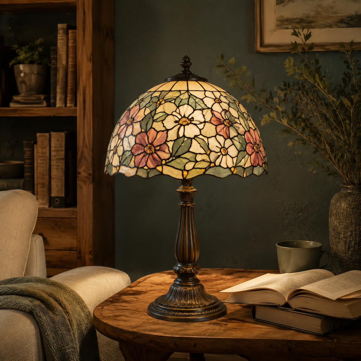 Rosalie Stained Glass Table Lamp styled in a cozy Vale & Lume interior