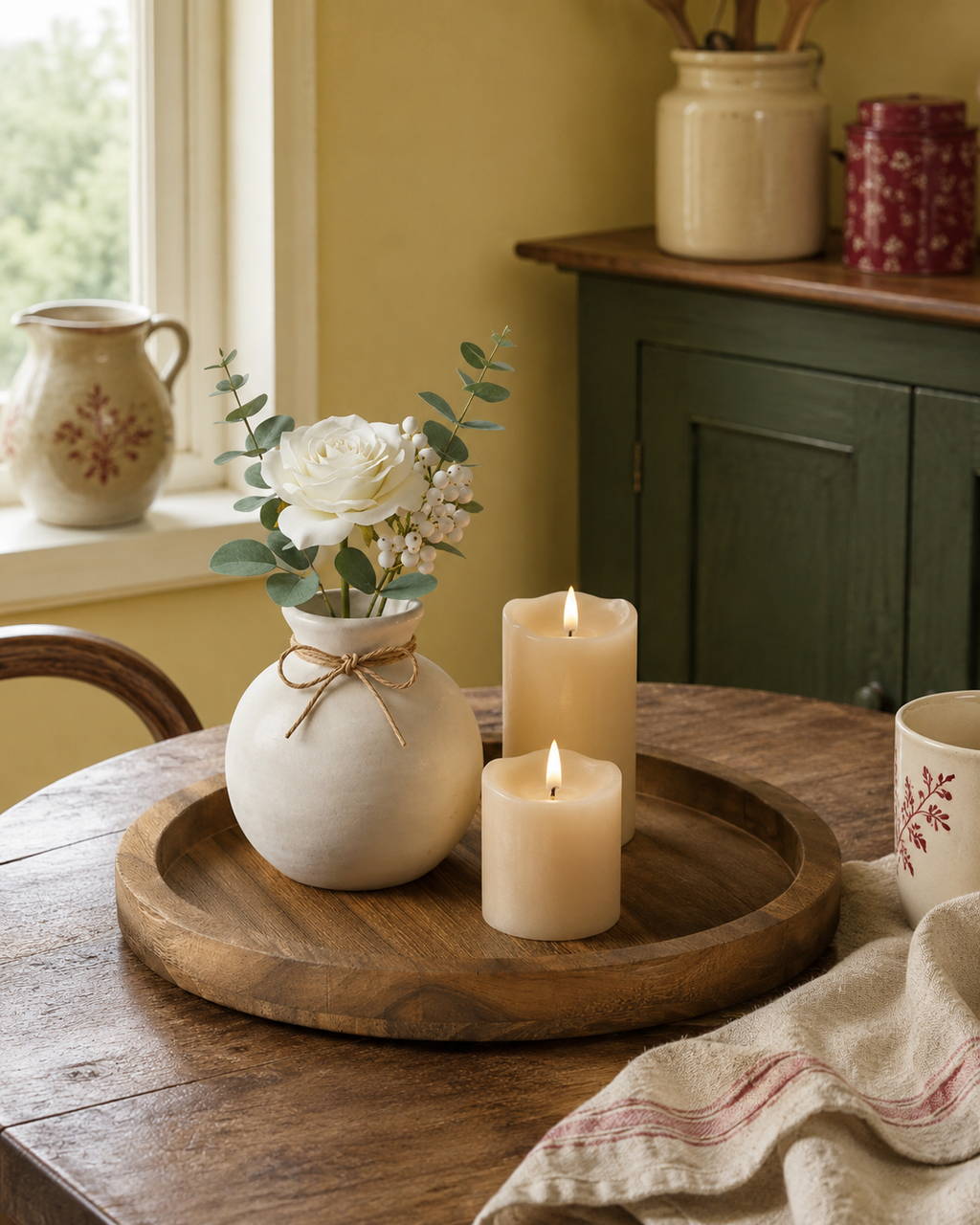 Rowan Round Wood Display Tray in a cozy country kitchen
