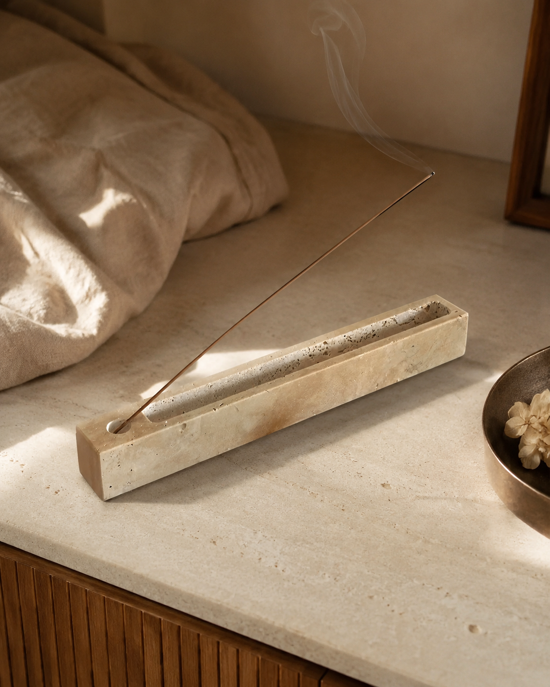 Sage Natural Travertine Incense Tray styled in a warm Vale & Lume interior