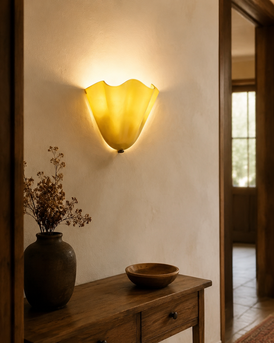 Selene Stacked Glass Shell Wall Sconce styled in a warm Vale & Lume interior