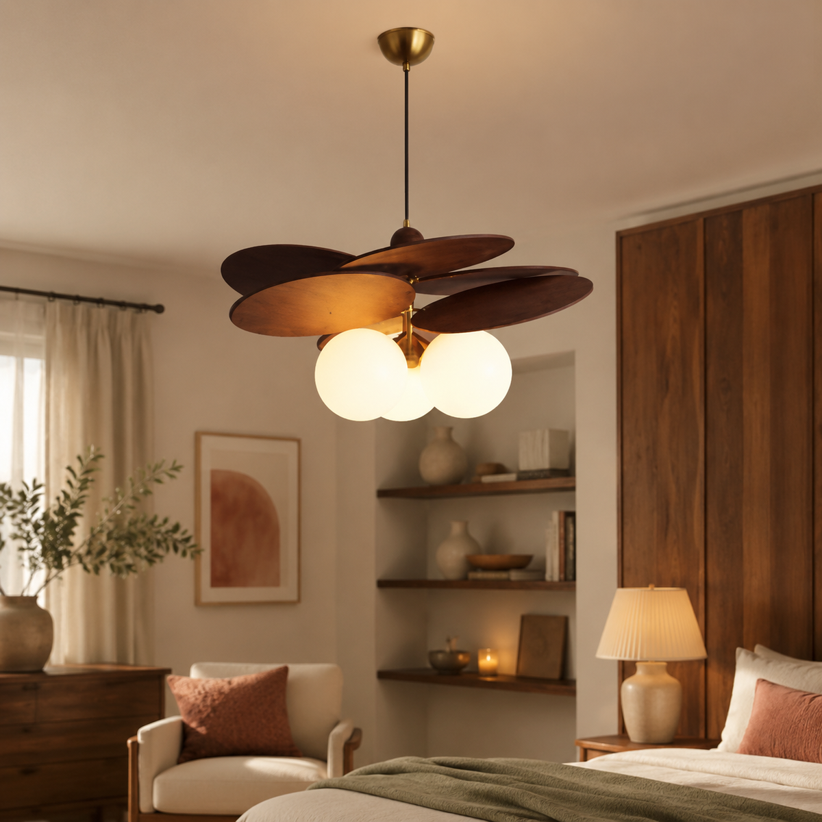 Solene Handwoven Rattan Pendant accurately represented in a cozy Vale & Lume interior