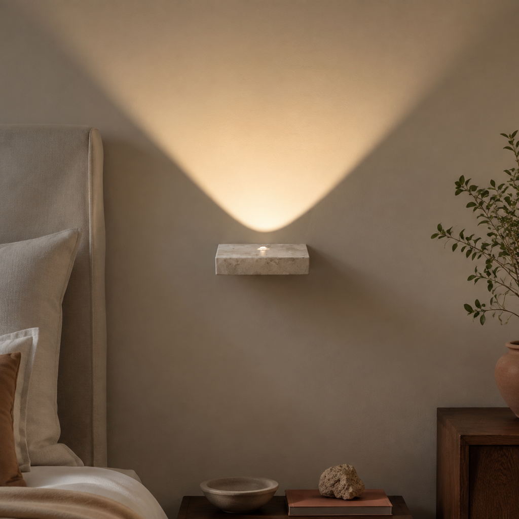 Soren Travertine Wall Sconce accurately represented in a cozy Vale & Lume interior