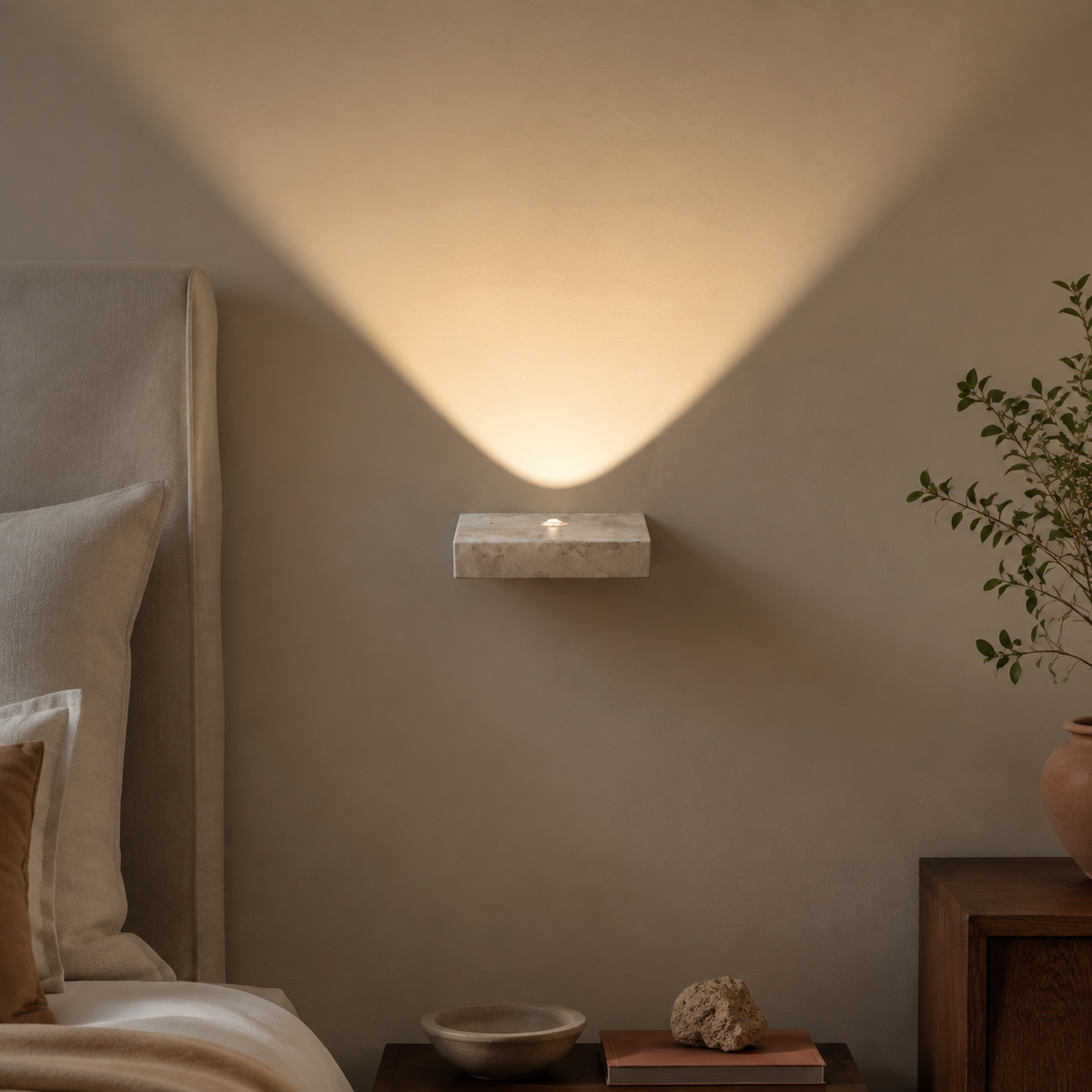 Soren Travertine Wall Sconce accurately represented in a cozy Vale & Lume interior