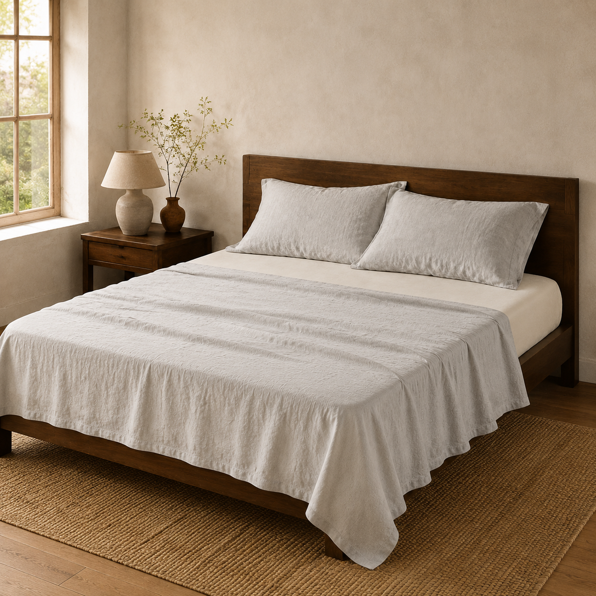 Soren Washed Flax-Linen Sheet Set in Light Gray styled on a warm walnut bed