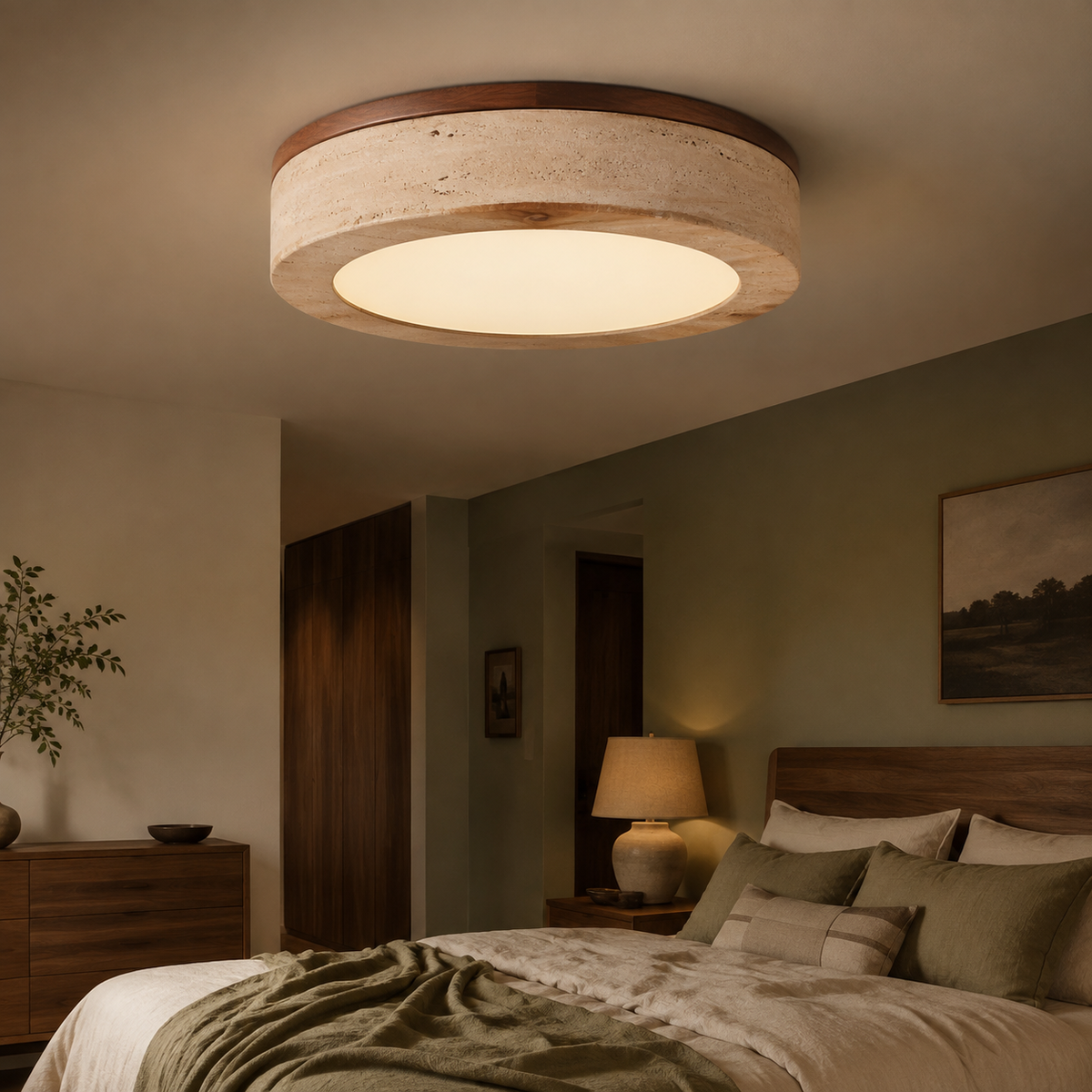 Talin Travertine & Wood Ceiling Light styled in a cozy Vale & Lume interior