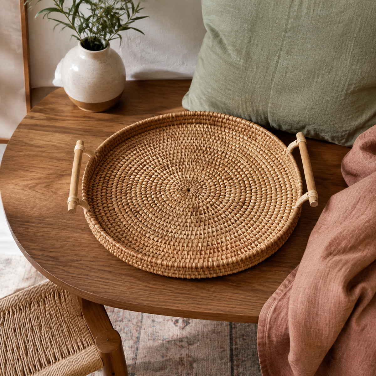 Tessa Lidded Rattan Basket accurately represented in a cozy Vale & Lume interior