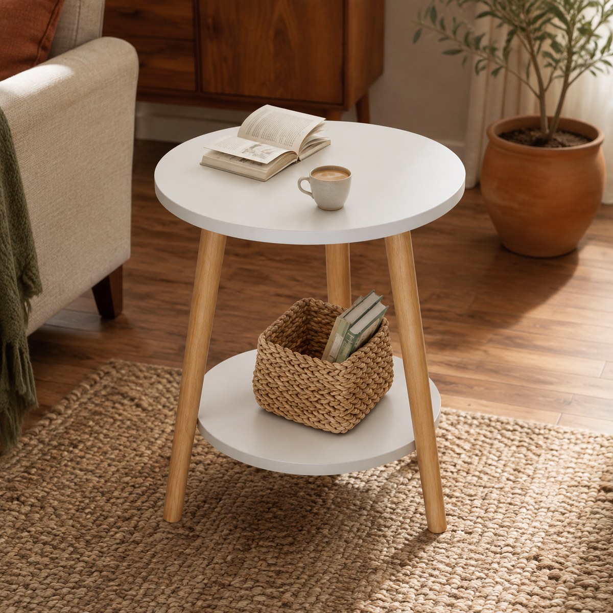 Tobin Two-Tier Wooden Side Table accurately represented in a cozy Vale & Lume interior