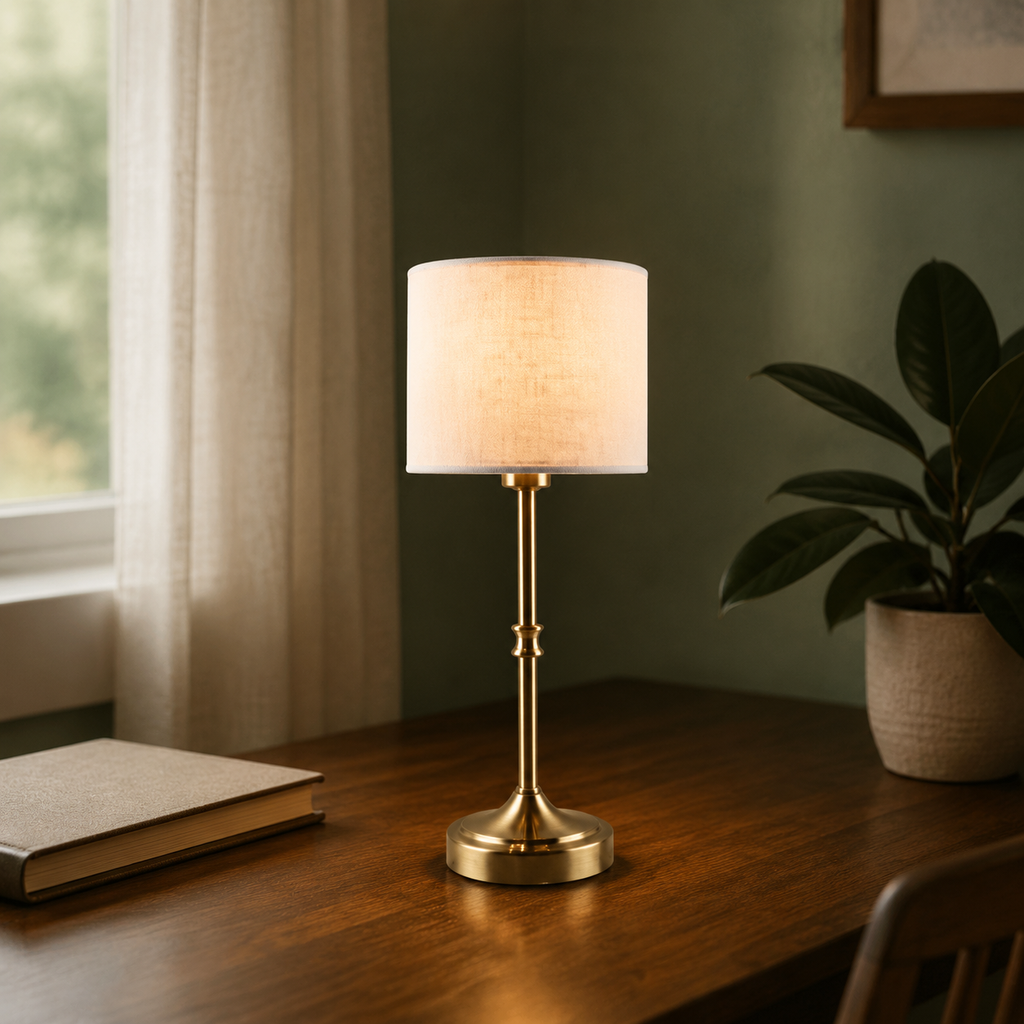 Tova cordless table lamp with ivory fabric drum shade, slim brass stem and round brass base