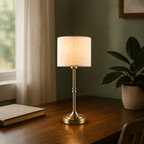 Tova cordless table lamp with ivory fabric drum shade, slim brass stem and round brass base