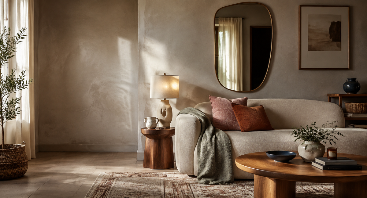 A warm Vale & Lume home with lighting, furniture, textiles, mirrors, and decor