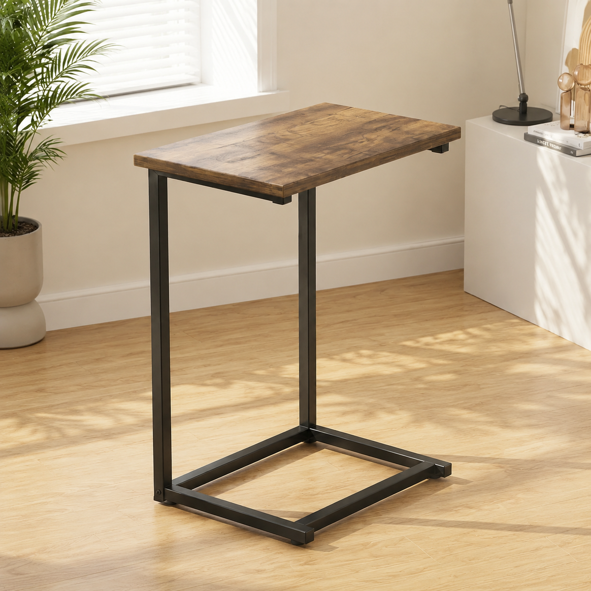 Kit C-Shaped Sofa Side Table — brown wood and black frame alternate angle