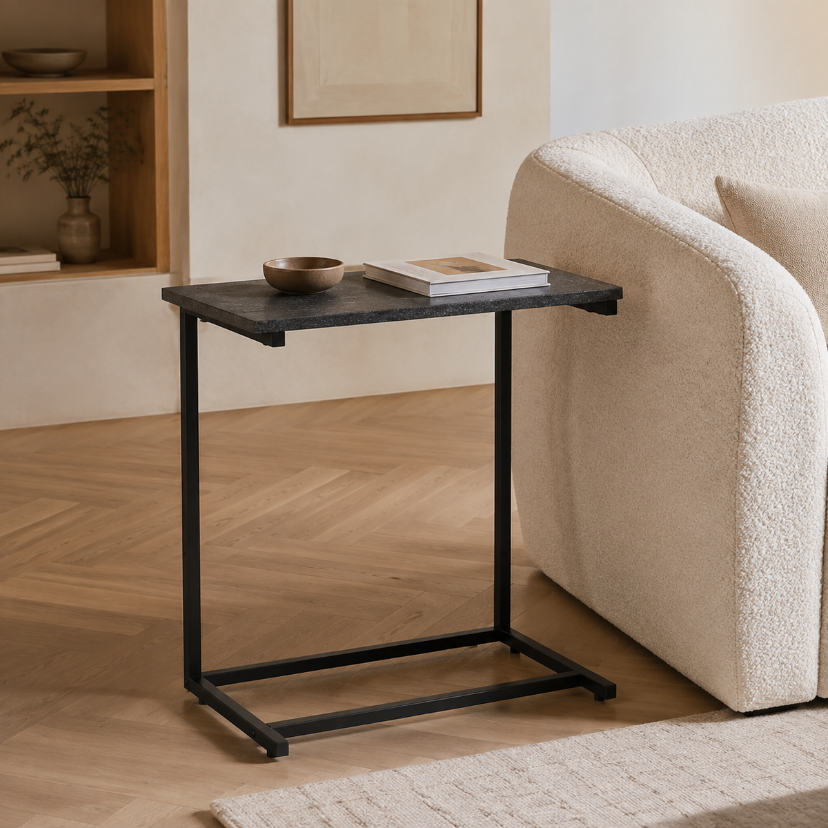 Kit C-Shaped Sofa Side Table — grey charcoal top and black frame lifestyle view