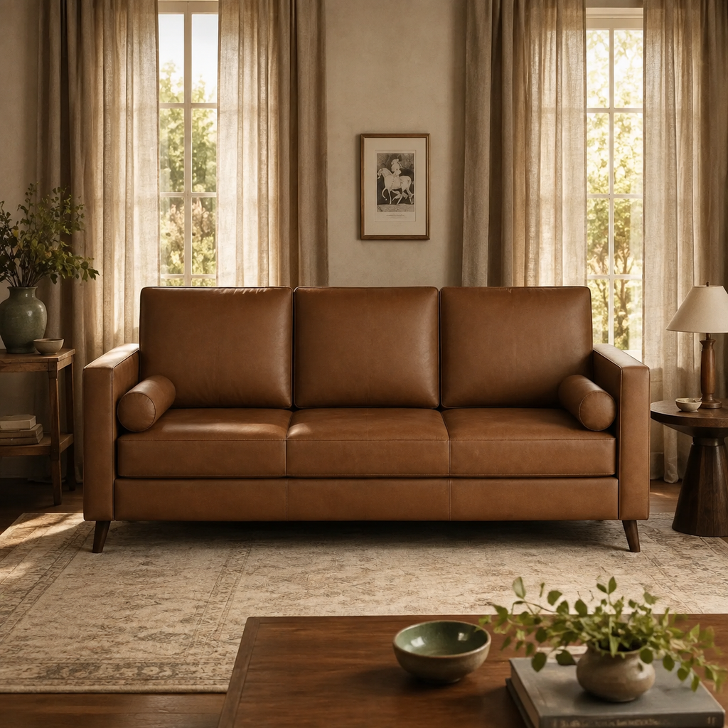 Rhodes Mid-Century Leather-Look Sofa in a cozy Vale & Lume interior