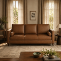 Rhodes Mid-Century Leather-Look Sofa in a cozy Vale & Lume interior