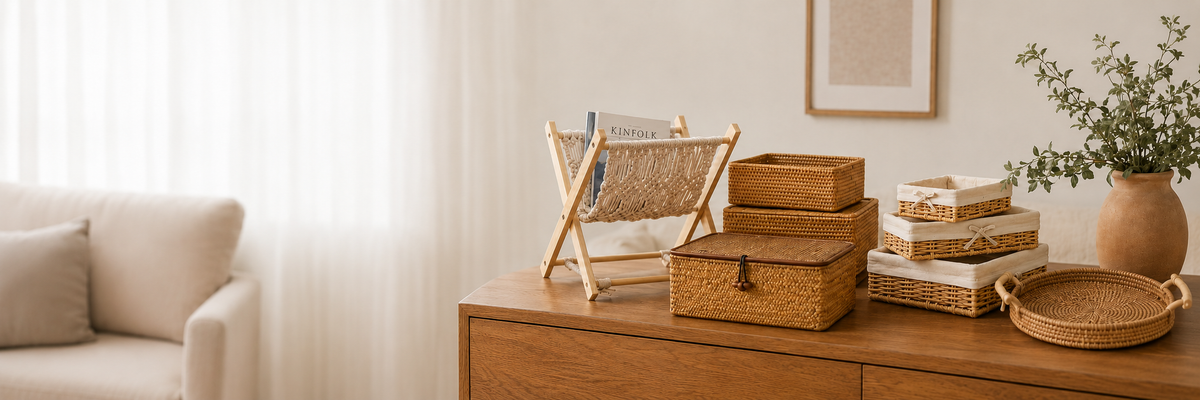 Woven magazine rack, baskets, lined trays and handled rattan tray on an oak console