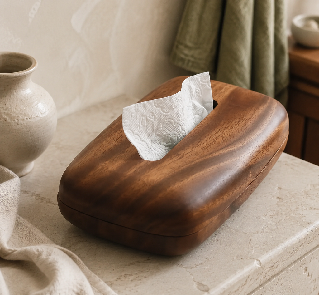 Walden Walnut Tissue Cover with its exact supplier design in a cozy Vale & Lume interior