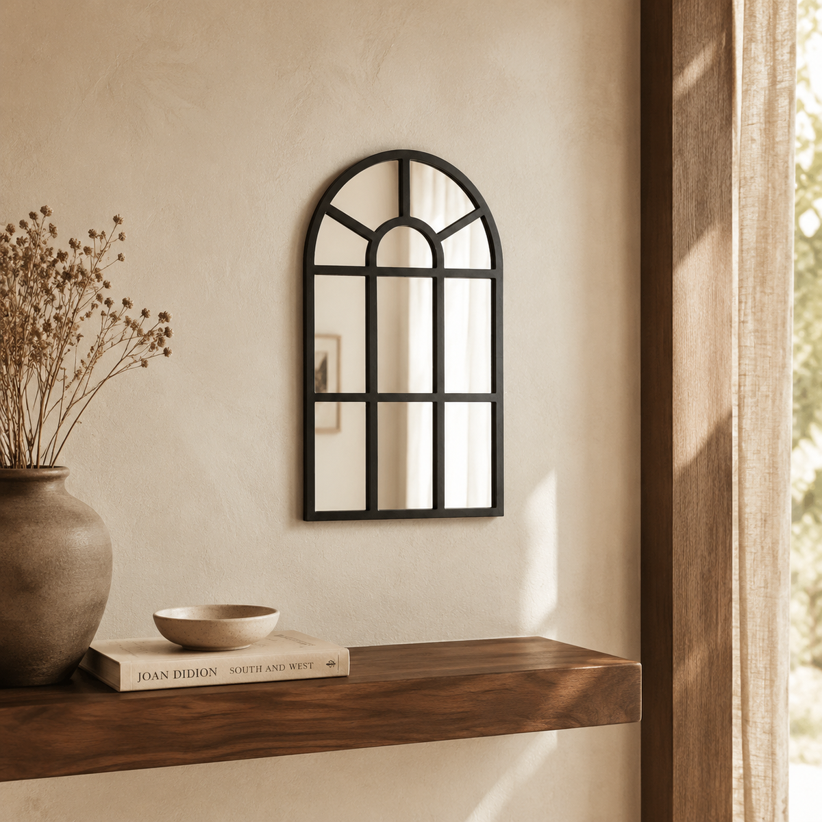 Wren Arched Window Acrylic Mirror with its exact supplier design in a cozy Vale & Lume interior