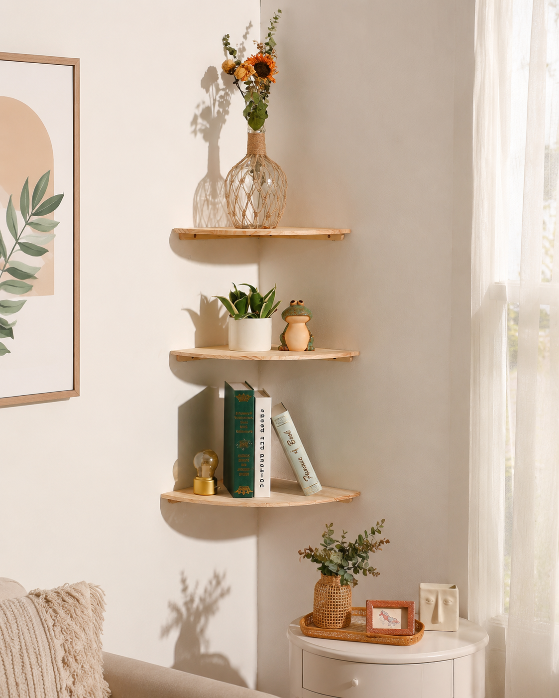 Wren Scalloped Floating Corner Shelf styled in a warm Vale & Lume interior